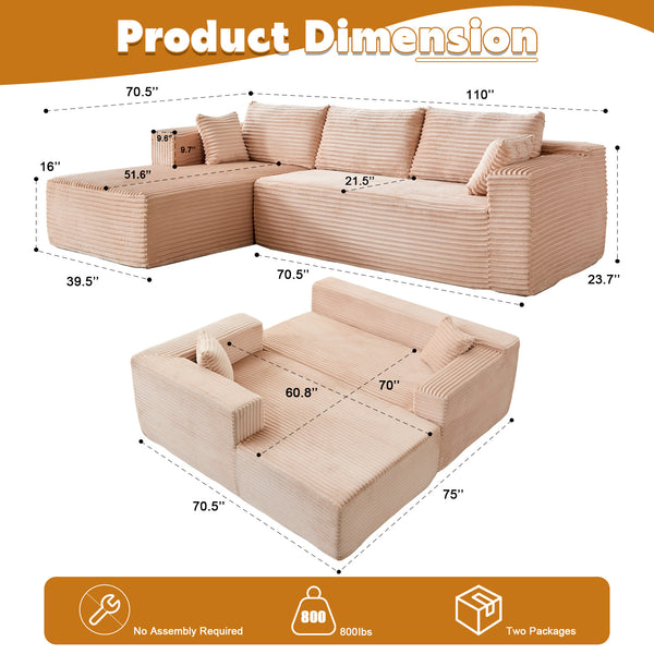 English Elm Compression Modular L-Shaped Sectional Couch With Cozy Chaise – Stylish Beige Corduroy Sofa For All Spaces W3723S00002