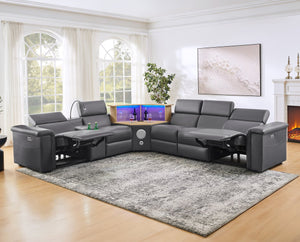 English Elm 5-seater Air Leather Power Reclining Sectional with Led Bluetooth Subwoofer and Lift Cabinet Dark Grey W1191S00125