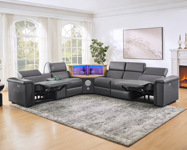 English Elm 5-seater Air Leather Power Reclining Sectional with Led Bluetooth Subwoofer and Lift Cabinet Dark Grey W1191S00125