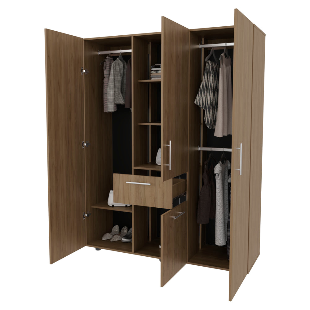 English Elm FM FURNITURE Alamo Lake Armoire 4-Door Multi-Storage with Shelves, Hanging Rods & Smooth Drawer in Oak B128S00050