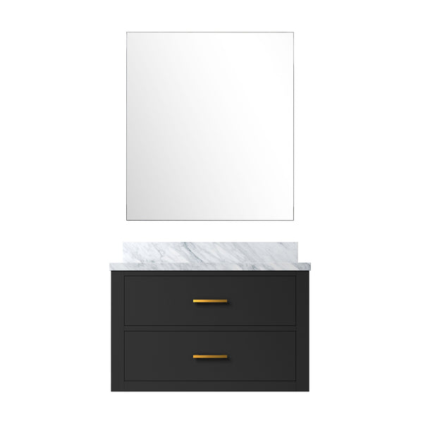 English Elm Black Single Bath Vanity With Carrara Marble Countertop & Mirror - Modern Space-Saving Elegance B2731S01428