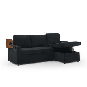 English Elm Modern Chenille Pull-Out Bed Sofa With Led Lights, Usb Ports, Cup Holders & Retractable Table, Black W1413S00098