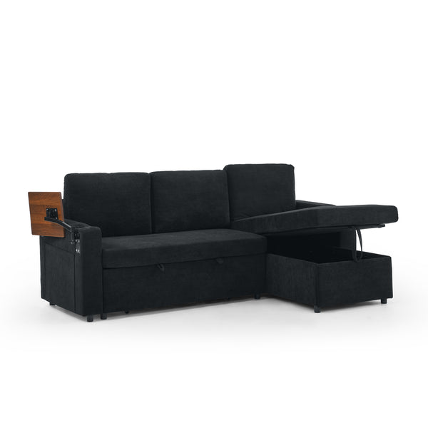 English Elm Modern Chenille Pull-Out Bed Sofa With Led Lights, Usb Ports, Cup Holders & Retractable Table, Black W1413S00098