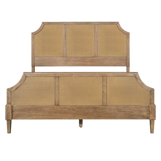 English Elm Woven Cane Queen Platform Bedframe with Toasted Almond Wood, 500 lb Capacity, 6" Clearance, 14 Slats B035S00061