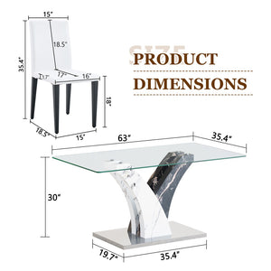 English Elm Table And Chair Set – Modern Glass Top Dining Table With 6 White Pu Chairs For Stylish Comfort W1151S03811-GIGA