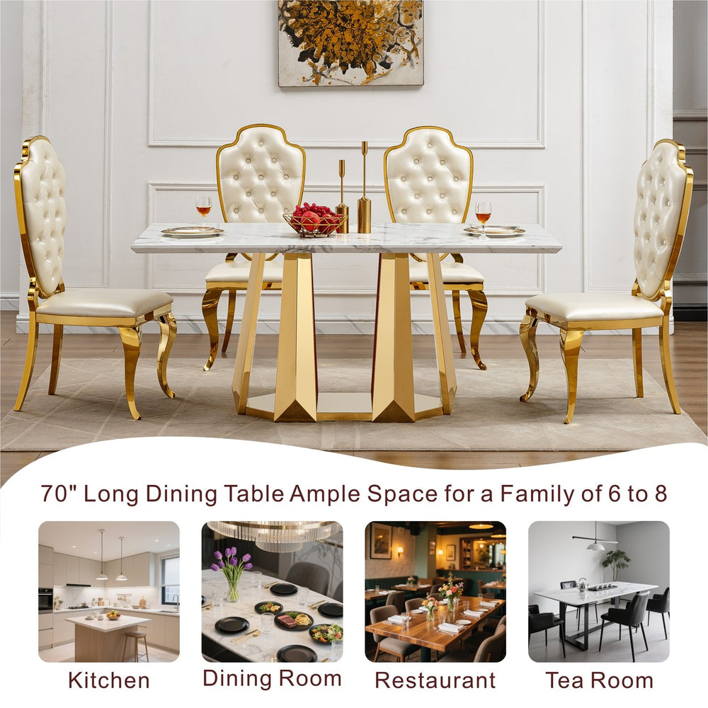 English Elm Marble Dining Table For 6-8 People, Modern Rectangular Faux Marble Top With Chrome Base Design W3456S00040