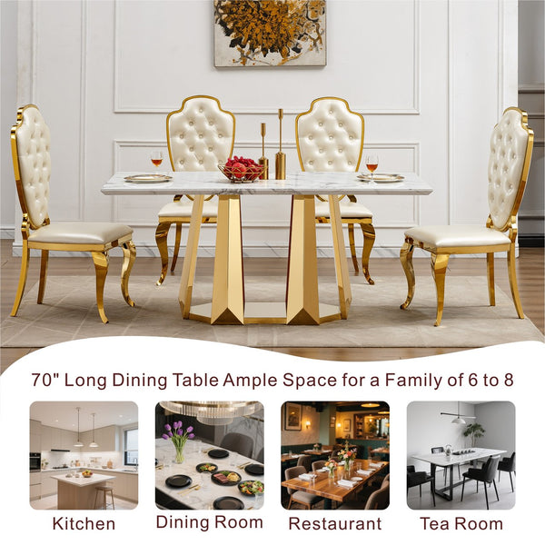 English Elm Marble Dining Table For 6-8 People, Modern Rectangular Faux Marble Top With Chrome Base Design W3456S00040