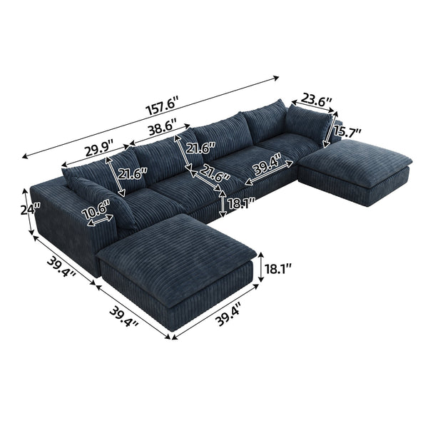 English Elm 157.6" Corduroy Modular Cloud Sofa Feather Fill Deep Lounge Seating for Living Room Blue W2824S00154