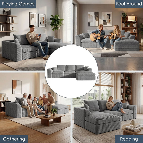 English Elm Modular Cloud Sectional Corduroy Sofa with Reversible Chaise and Memory Foam Comfort Grey W5638S00006