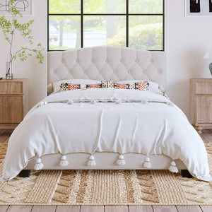 English Elm Upholstered Diamond-Tufted Platform Bed with Two-Position Adjustable Headboard and Sturdy Support Beige 65.71 L x 26.89 W x 4.88 H N701P342915B