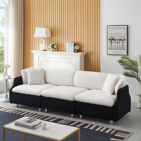 English Elm 95.3 Black and White Tandy 3-Seat Teddy Sofa with Metal White Legs, Solid Wood Frame, Plush Sponge Cushions and Two Throw Pillows for Modern Living Room Comfort and Style W1278S00073