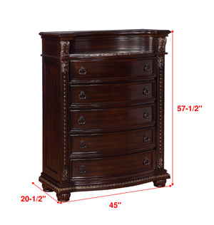 English Elm 1pc Marble Top Five Drawers Tall Chest with Intricate Moldings, Curved Silhouette & Antiqued Hardware Brown,Cherry 48 L x 23.5 W x 58.25 H B2741P366083