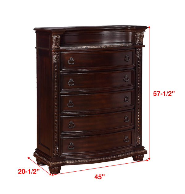 English Elm 1pc Marble Top Five Drawers Tall Chest with Intricate Moldings, Curved Silhouette & Antiqued Hardware Brown,Cherry 48 L x 23.5 W x 58.25 H B2741P366083