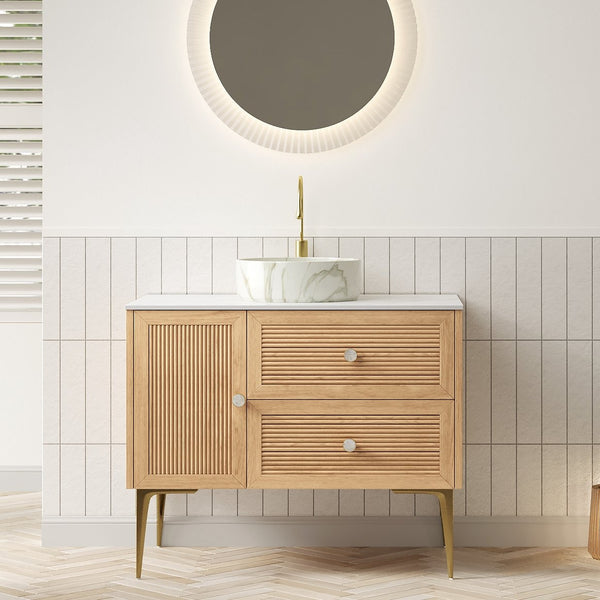 English Elm Dina Floating Bathroom Vanity Sintered Stone Top Glass Basin Striped Plywood Cabinet W2615S00477