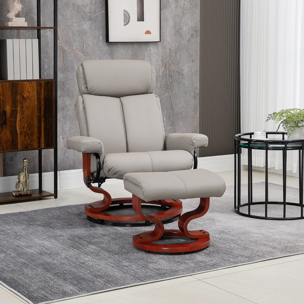 English Elm HOMCOM Modern Recliner Chair with Ottoman — 360° Swivel PU Leather, Bentwood Base, Adjustable Headrest W2225P229559