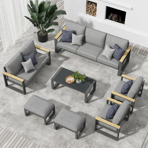 English Elm All-weather 9 Seat Aluminum Patio Conversation Set with Tempered Glass Table Gray B082S00110
