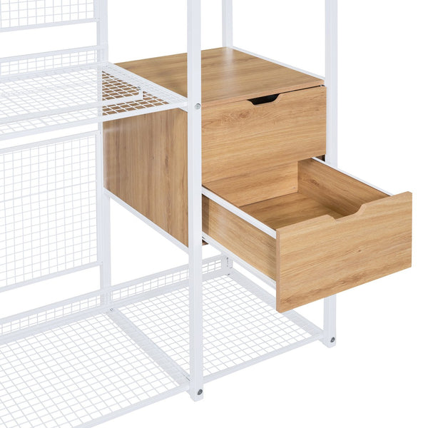 English Elm Open-Style Wardrobe Storage System with Heavy-Duty Metal Frame, Rails, Shelves & Drawers - Sleek Durable Design for Organized Living White SF000087AAK