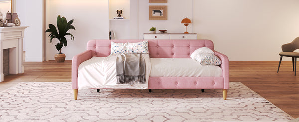 English Elm Twin Linen Upholstered Daybed with Button Tufting Sofa Style Guest Room Bed N709P416258H