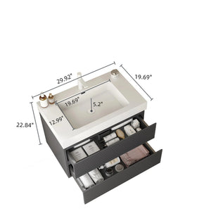 English Elm VENO 30" Modern Wall-Mounted Bathroom Vanity with Integrated Rectangular Basin, Gray Striped Plywood Drawers, Soft-Close Storage W2615S00042