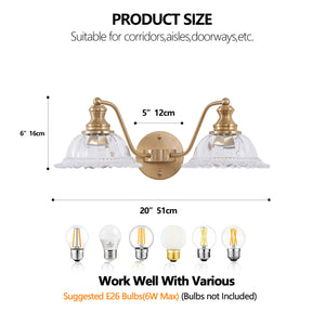 English Elm 20 Inch 2-Light Vintage Bathroom Wall Sconce with Iron and Glass Shades – Elegant Vanity Lighting for Mirror and Hallway Gold W2312P374843