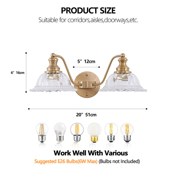 English Elm 20 Inch 2-Light Vintage Bathroom Wall Sconce with Iron and Glass Shades – Elegant Vanity Lighting for Mirror and Hallway Gold W2312P374843