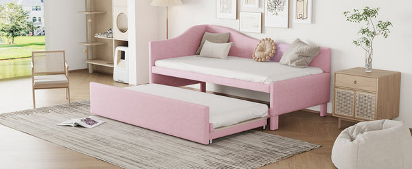 English Elm Twin Upholstered L-Shaped Daybed with Pop-Up Trundle, Space-Saving Guest Bed with Slats Kit and 400lb Capacity Pink SF000193AAH