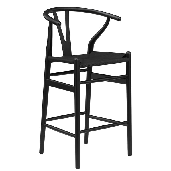 English Elm Wishbone Rattan Barstool with Woven Papercord Seat, Solid Ash Wood, Eco-Friendly Finish, Fully Assembled Black T3623P379811