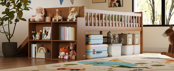 English Elm Twin Platform Kids Bed with Slide Ladder Guardrails Storage Shelf Wood Frame Walnut N733S415411M