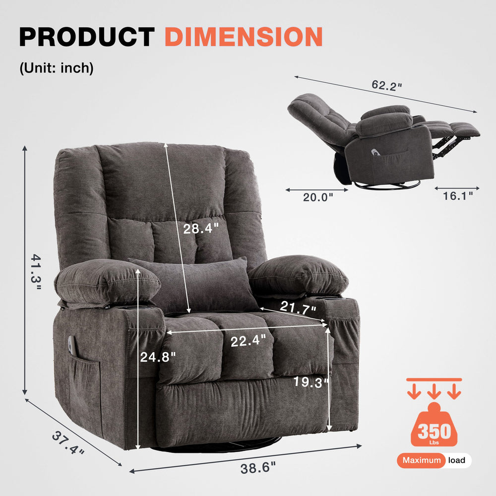 English Elm Massage Swivel Rocker Recliner with Heat Lumbar Relief and Usb Port for Living Room Grey W1521P478283
