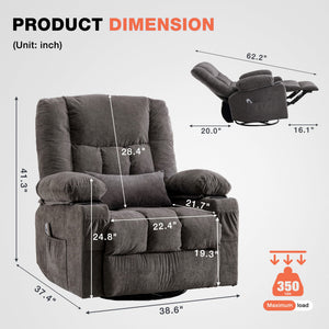 English Elm Massage Swivel Rocker Recliner with Heat Lumbar Relief and Usb Port for Living Room Grey W1521P478283