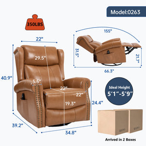 English Elm Heat Massage Swivel Rocker Recliner in Genuine Leather for Living Room Comfort W3224S00013