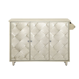 English Elm K&K Farmhouse Kitchen Island with 3D Wave Stripes Ash Veneer, Drop Leaf, Rolling Cart Storage Champagne N707P207916X