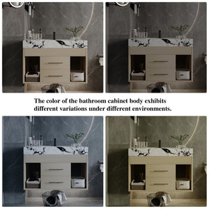 English Elm 29.9" Floating Bathroom Vanity Sintered Stone Top Soft Close Drawers Bronze Gold Hardware White+Black,Wood W3136S00035