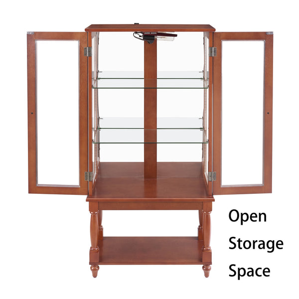 English Elm Curio Lighted Display Cabinet with Mirrored Back, Tempered Glass Doors, Solid Wood Legs, Compact Walnut W1693P216941