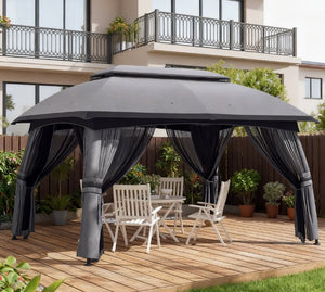 English Elm Large Vented Two-tier Patio Gazebo with Mesh Netting Steel Frame Backyard Shelter Dark Grey T3971P425932