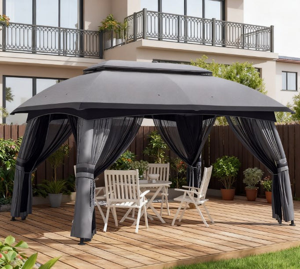 English Elm Large Vented Two-tier Patio Gazebo with Mesh Netting Steel Frame Backyard Shelter Dark Grey T3971P425932