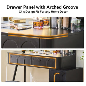 English Elm Modern Makeup Vanity Desk with Slide-Out Cabinet, LED Mirror, 4 Soft-Close Drawers & Cushioned Stool Black N844P257529B