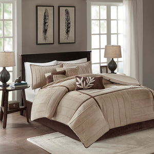 English Elm 7 Piece Faux Suede Comforter Set Dune Cal King Beige Micro-Suede Pin-Tuck Design Brown Trim Luxurious Cozy Feel B03596756
