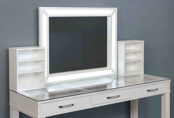 English Elm Glam Elegant Vanity Set with LED Mirror, Plush Stool, Ample Storage, Felt-Lined Drawers, Chic Finish White 65 L x 25 W x 15 H B2741S00682