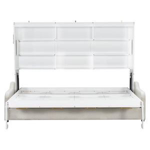 English Elm Queen Murphy Cabinet Bed with Sofa Foldaway, Built-In Shelves, LED Lighting, Space-Saving Beige N7090000603A