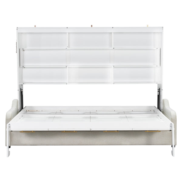 English Elm Queen Murphy Cabinet Bed with Sofa Foldaway, Built-In Shelves, LED Lighting, Space-Saving Beige N7090000603A
