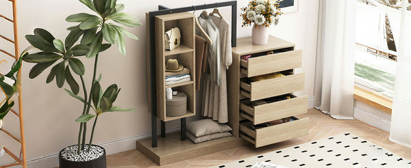 English Elm Wardrobe with 4 Drawers 3 Shelves – Spacious Natural/Wood/White Storage Cabinet, Durable MDF, Easy Assembly, Sleek Design, 55.3" L x 50.4" H N820P196888N
