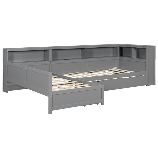 English Elm Wood Twin L-shaped Platform Bed Trundle Shelves Charging Station Kids Room Grey N7090001045E-1