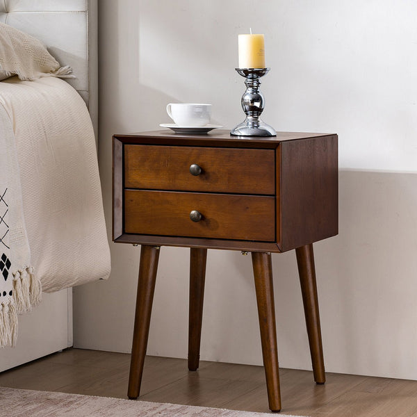 English Elm Night Stand with Fluted Drawer Open Shelf Mid Century Modern Bedside Table for Bedroom Walnut W3417P388715