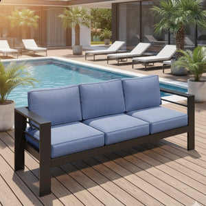 English Elm 73" Cast Aluminum Outdoor Sofa Rust-proof Powder-coated Frame with Resort-style Cushions Black+Blue B082P454972