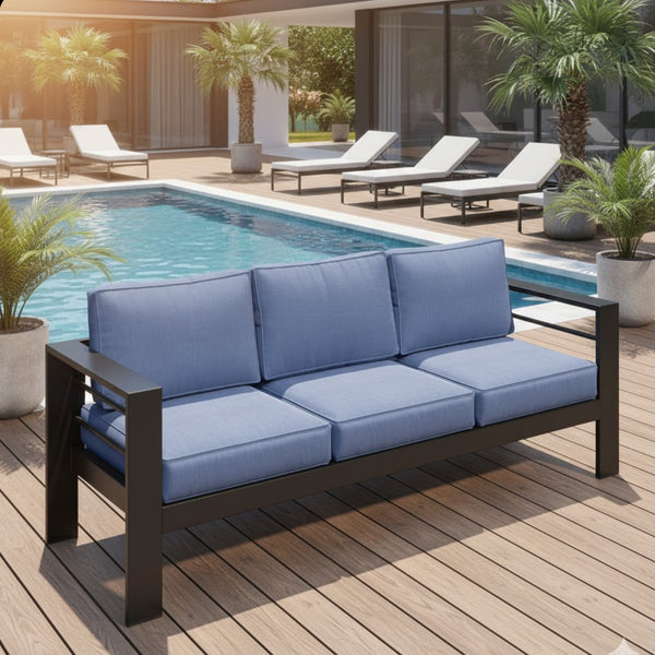 English Elm 73" Cast Aluminum Outdoor Sofa Rust-proof Powder-coated Frame with Resort-style Cushions Black+Blue B082P454972