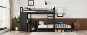 English Elm Queen Over Queen Bunk Bed Frame With Desk, Storage Chairs & Wardrobe – Space-Saving Black Design W1580S00110-GIGA
