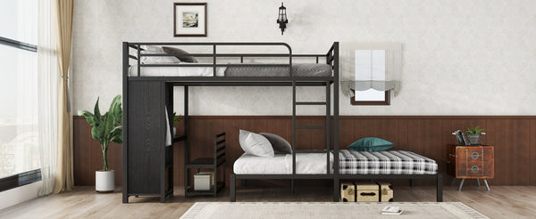 English Elm Queen Over Queen Bunk Bed Frame With Desk, Storage Chairs & Wardrobe – Space-Saving Black Design W1580S00110-GIGA