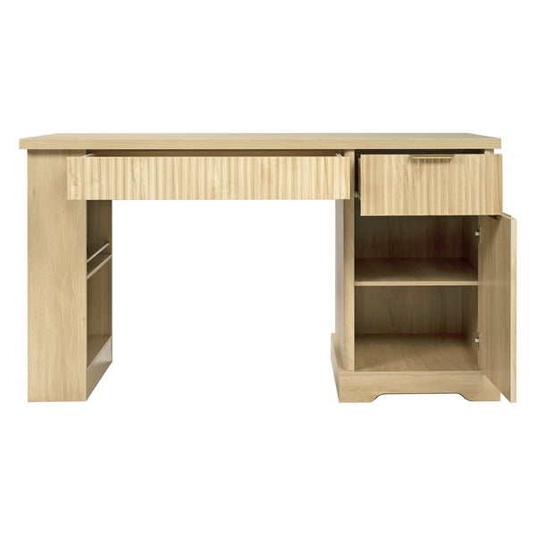 English Elm 55" Fluted White Computer Desk with Power Outlet Pegboard Cabinet and Keyboard Tray W2917P396017