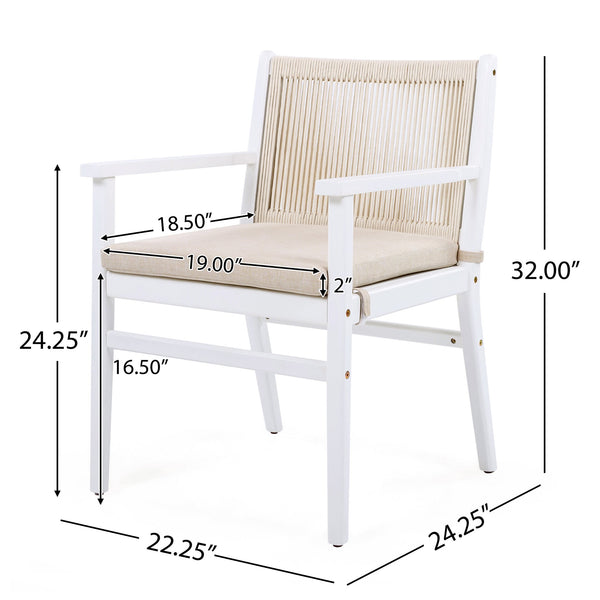 English Elm Christopher Knight Home® - Outdoor Acacia Wood Dining Chairs Set of 2 with Woven Rope Back, Waterproof Cushions, 400lb Capacity Beige+White N779P224995W